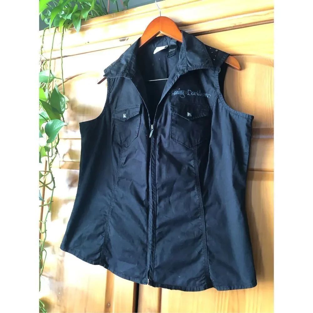 Harley Davidson Womens 1W Black Studded Moto Vest Graphic Back - Picture 4 of 14